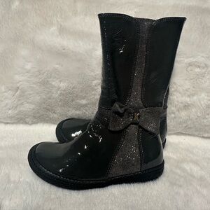 Kickers Black Patent and Sparkle Bow Kids Boots